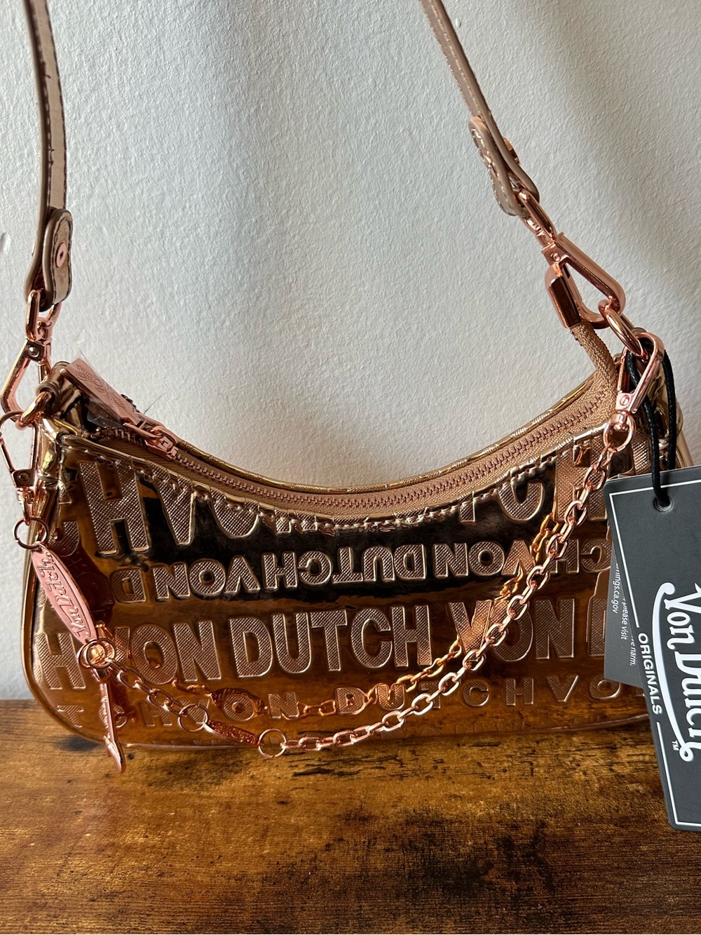 Von Dutch Metallic Rose Gold Logo Shoulder Bag with Chain Charm NWT